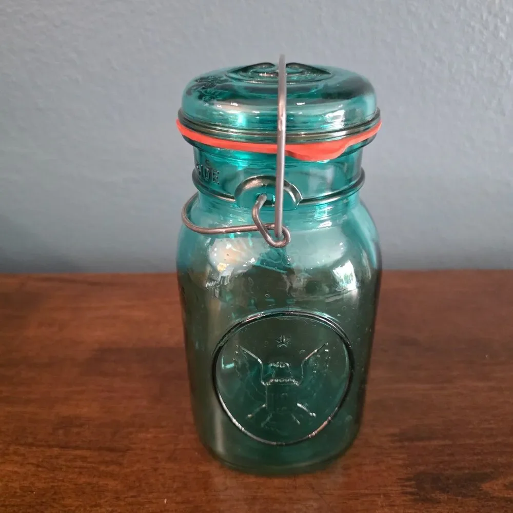 Ball Ideal Canning Jar Blue Green Eagle Bicentennial Glass Lid Wire Bail Vintage
